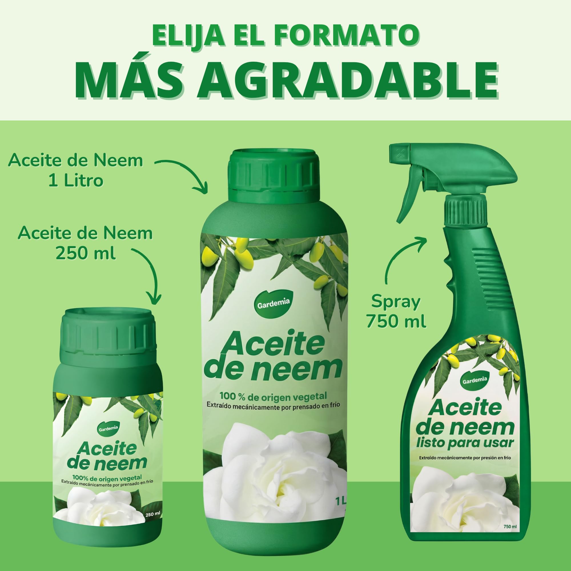 Gardemia Aceite de Neem con Emulsionante 1L miscible en agua 100% de origen vegetal extraído mecánicamente por prensado en frío de los frutos del árbol Neem