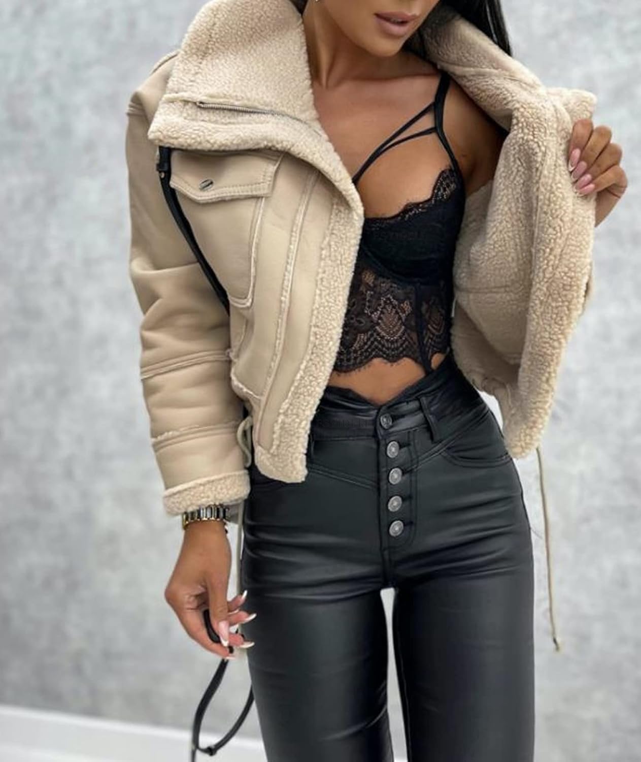 Sexyshine Women's Faux Shearing Moto Bomber Jacket Sherpa-Lined Coat Winter Aviator Leather Coat Outerwear - Image 5