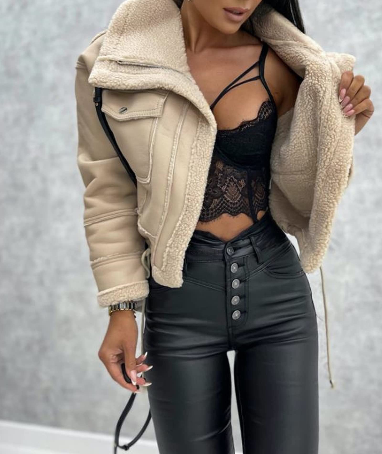 HAHAEMMA Giacca da donna in finta pelle Sherpa, foderata, invernale, calda, con risvolto, a maniche lunghe, con chiusura lampo