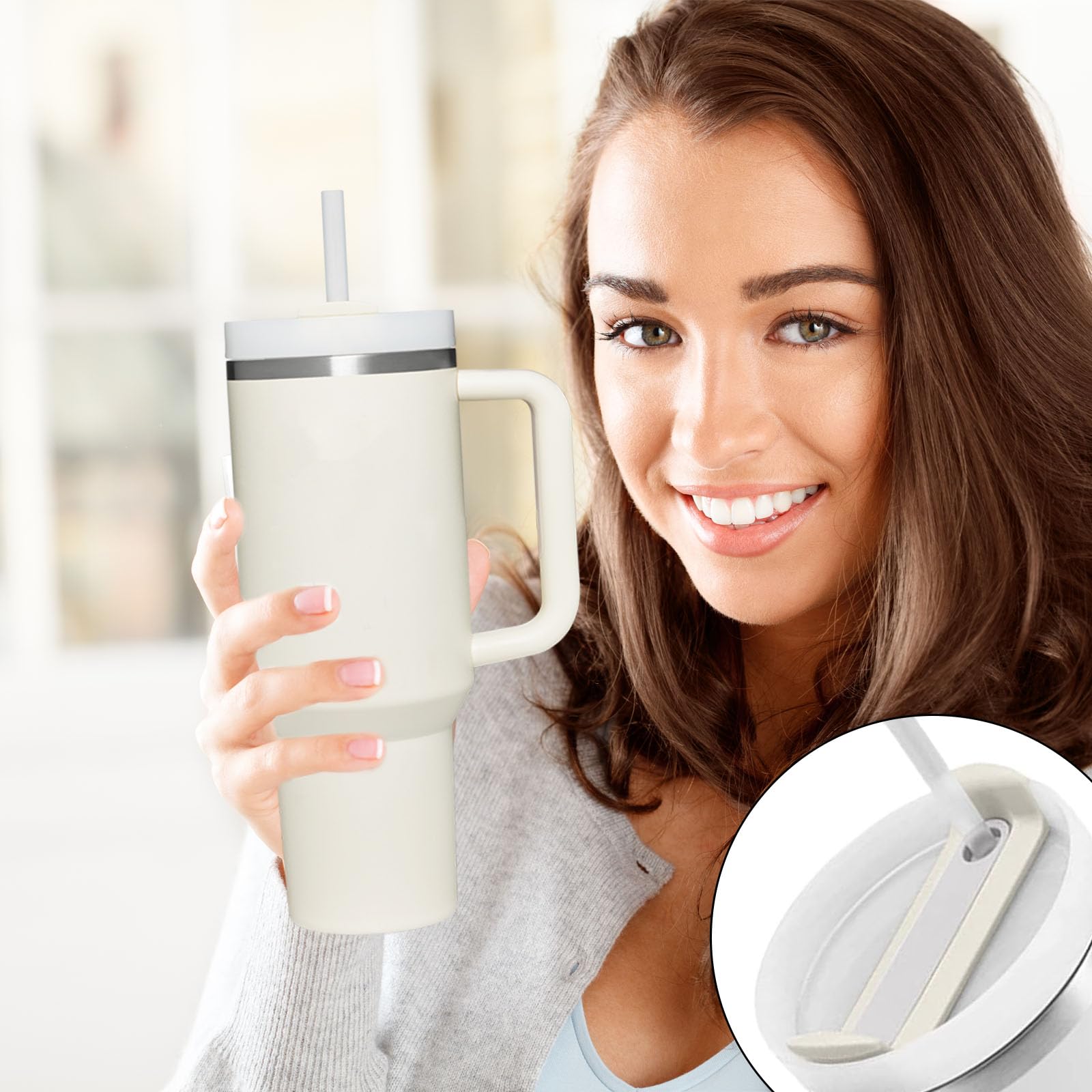 ANTAND Lot De 2 Couvercles Anti-fuite Avec Paille à Rabat Pour Stanley H2.0 Quencher, 1200 Ml – Couvercle De Rechange Anti-déversement Pour Accessoires De Tasse Stanley ProTour (blanc, Nectarine Clair