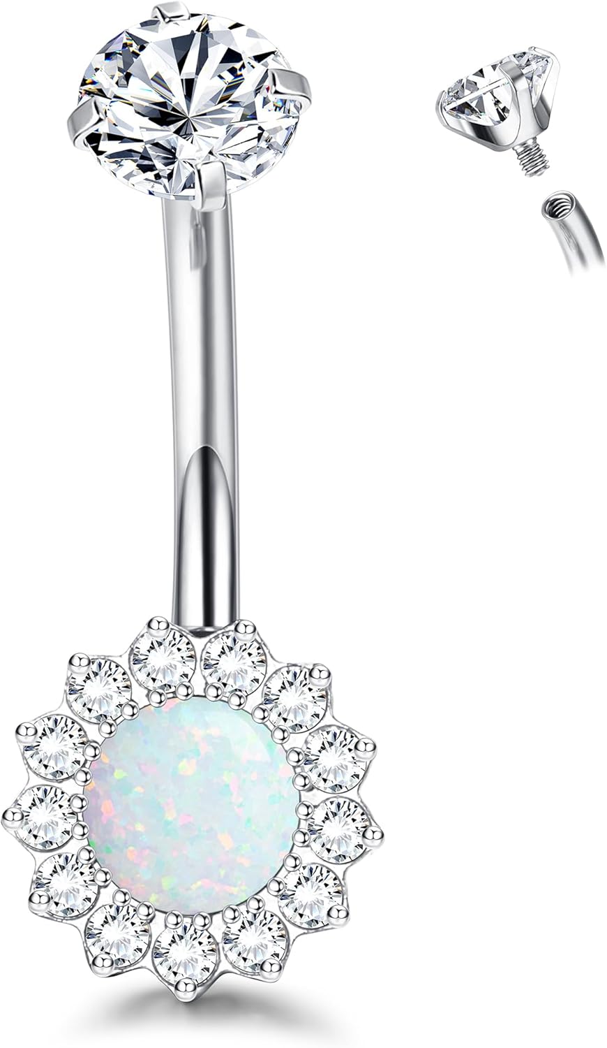 14G Titanium Belly Button Ring for Women AAAAAA Cubic Zirconia Belly Button Rings Flower Opal 10mm Gold Plated Belly Ring Halo Internally Threaded Navel Body Belly Piercing
