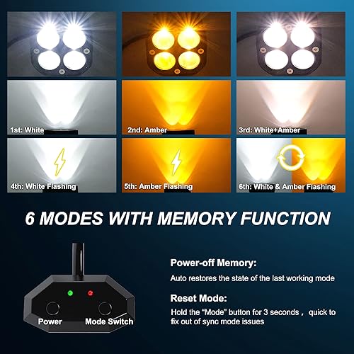 Miniatura 6 de 2 luces LED de trabajo de 3 pulgadas  3 pulgadas, vainas estroboscópicas intermitentes de color blancoámbar con seis modos de luces antiniebla de