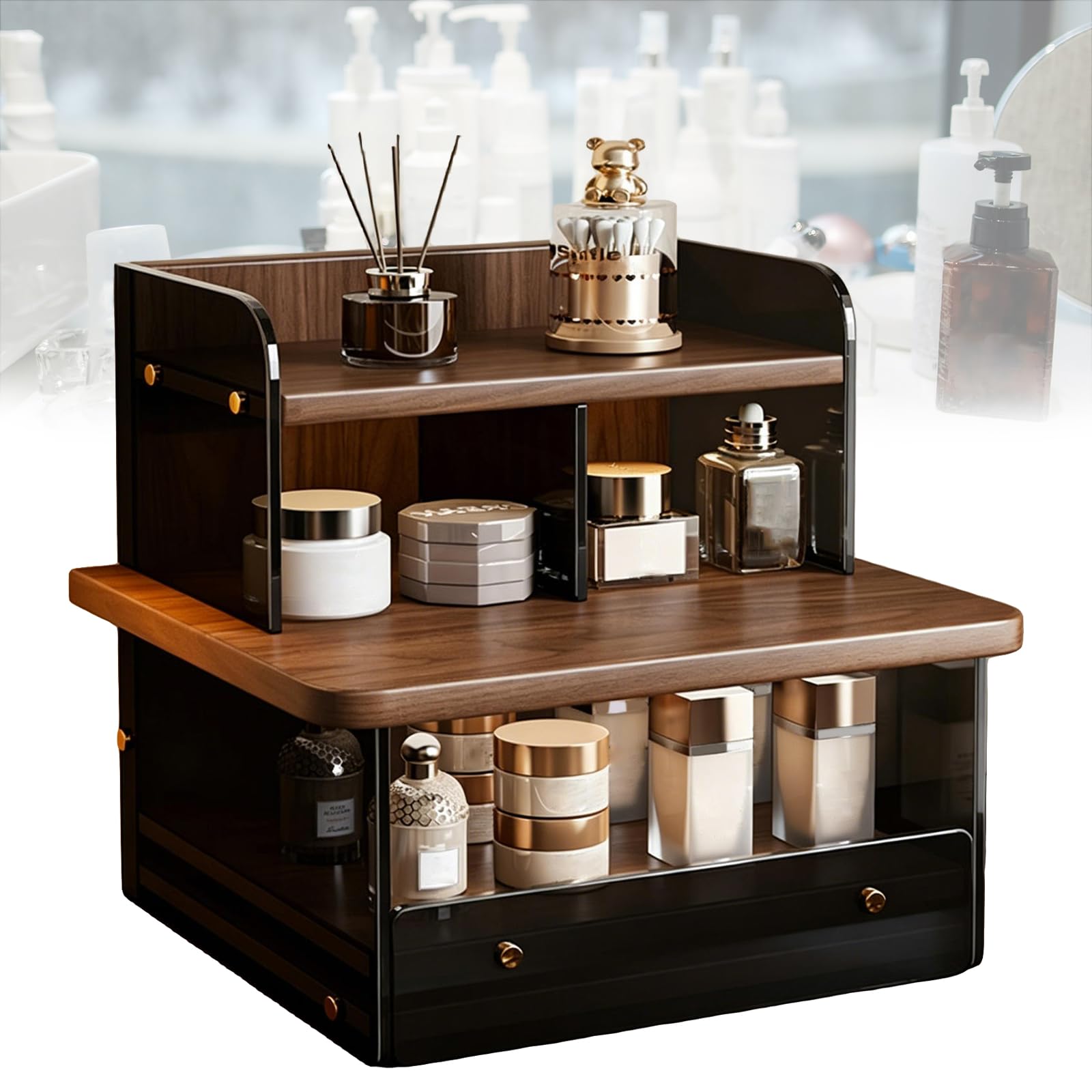 Weyot Acrylic Coffee Cup Display Shelf Mug Holder Countertop Coffee Mug Display Rack Condiment Storage Rack Table Mugs Shelf for Kitchen Tea Bar Accessories Brown,32x26x35cm