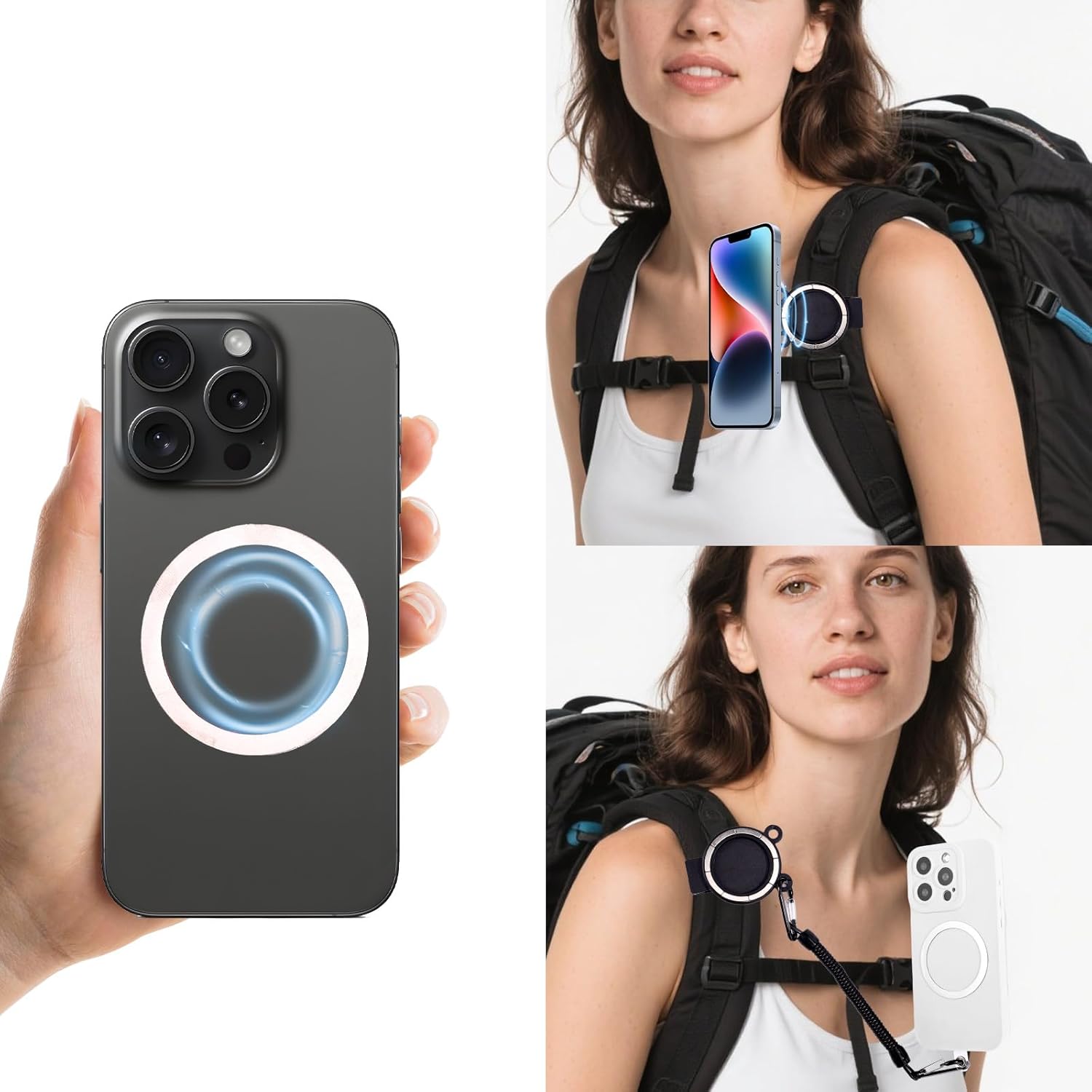 Backpack Strap Magnetic Clip for Cellphone, Magnetic Phone Holder with Safety Strap Phone Bag Shoulder Clip for Mountaineering Hiking Climbing Traveling Black - Image 4