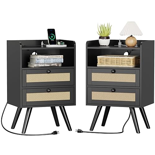 SUPERJARE 2 Drawer Night Stand with Charger Station, Boho Rattan