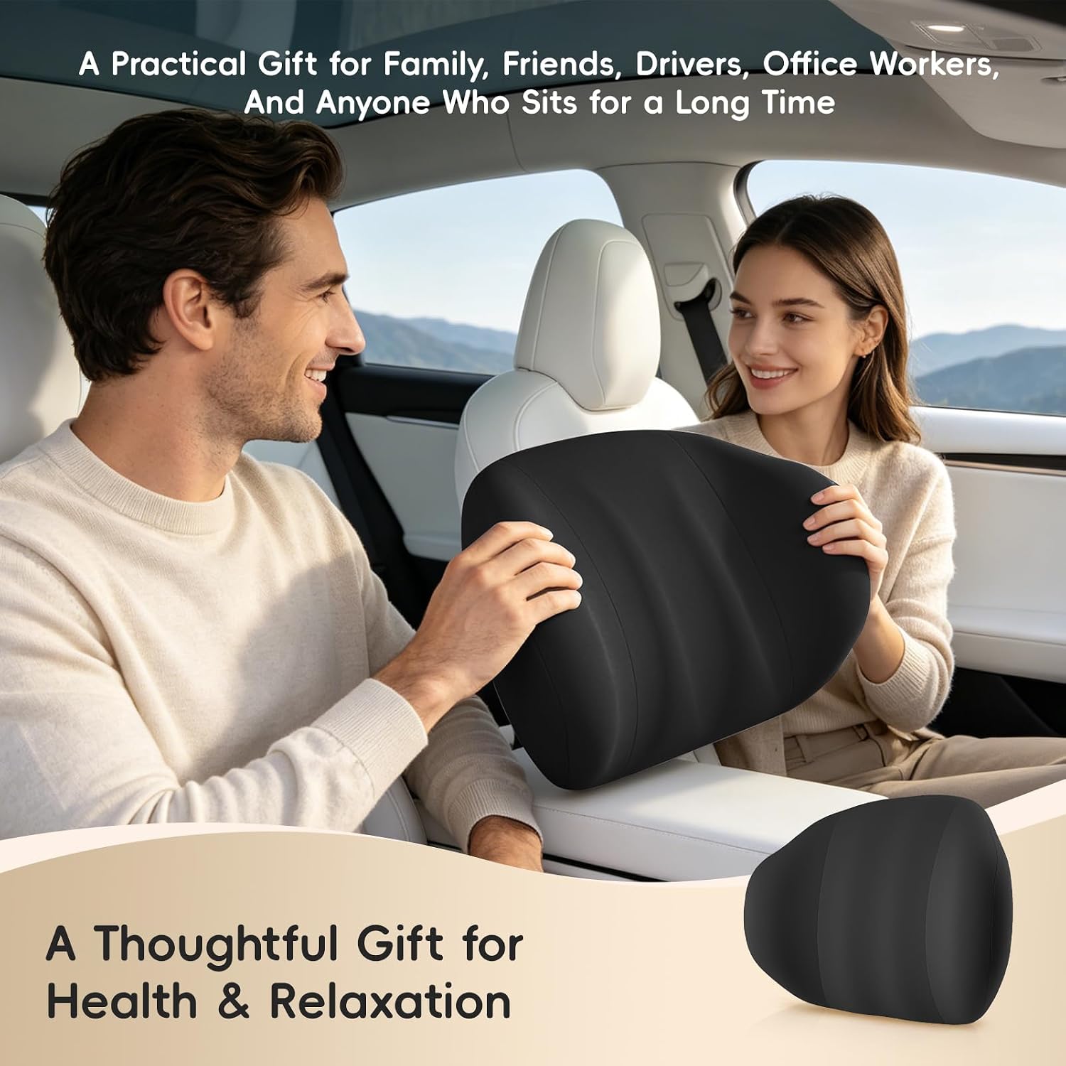 BEBAS Lumbar Support Pillow for Car & Office Chair - Ergonomic Memory Foam Back Cushion for Lower Back Pain Relief, Back Support, Removable Washable Cover, Ideal for Driving, Work, Travel - Black