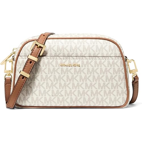 Michael Kors Jet Set Small Camera Crossbody Bag, Gold-Tone Hardware/MK Signature Coated Twill/Vanilla/Acorn