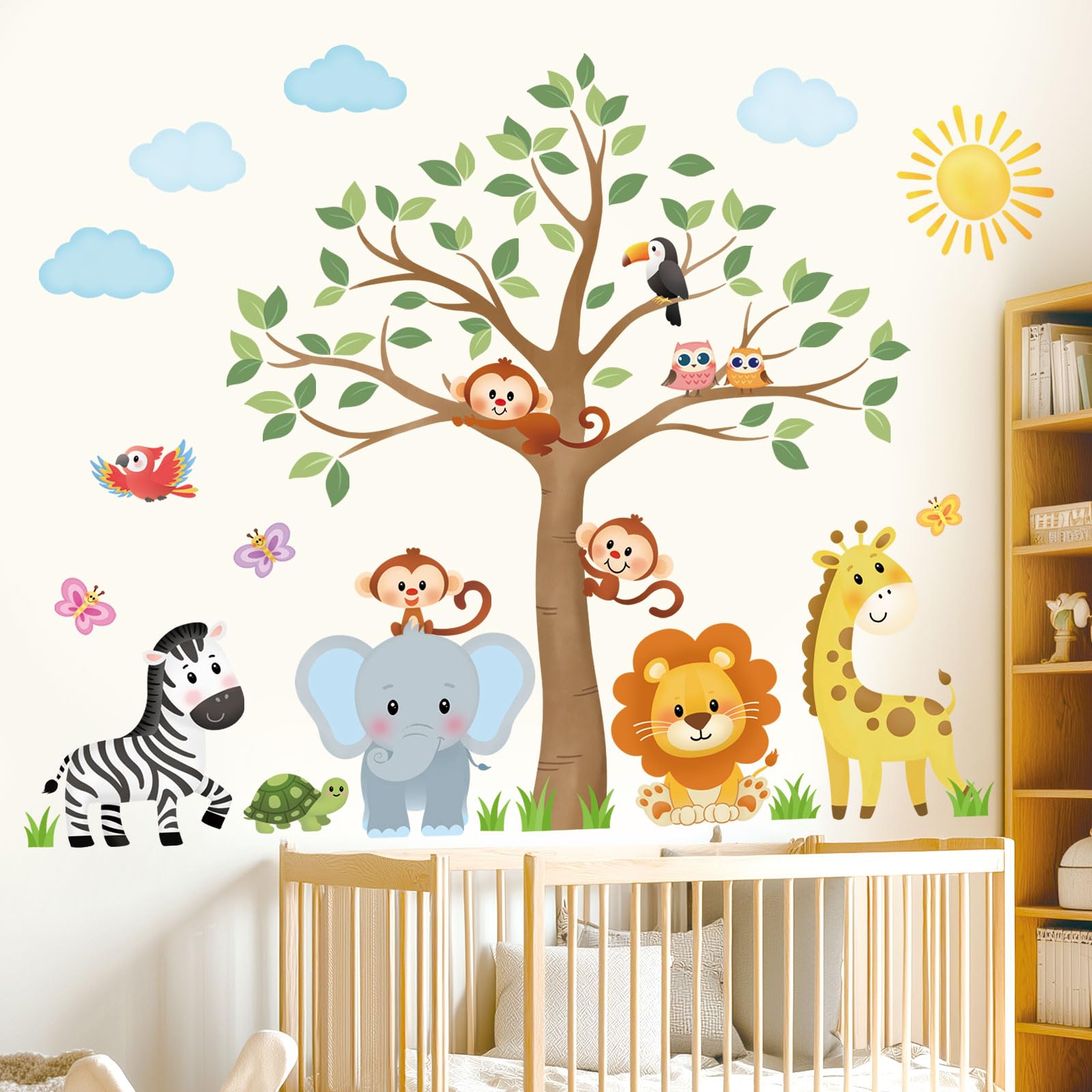Decowall Men's Animal A Sg2-2323 Jungle Animals Tree Wall Decals Elephant Lion Giraffe Safari Wall Stickers Baby Animal Nursery Decoration Kids Bedroom Living Room Wall Decor