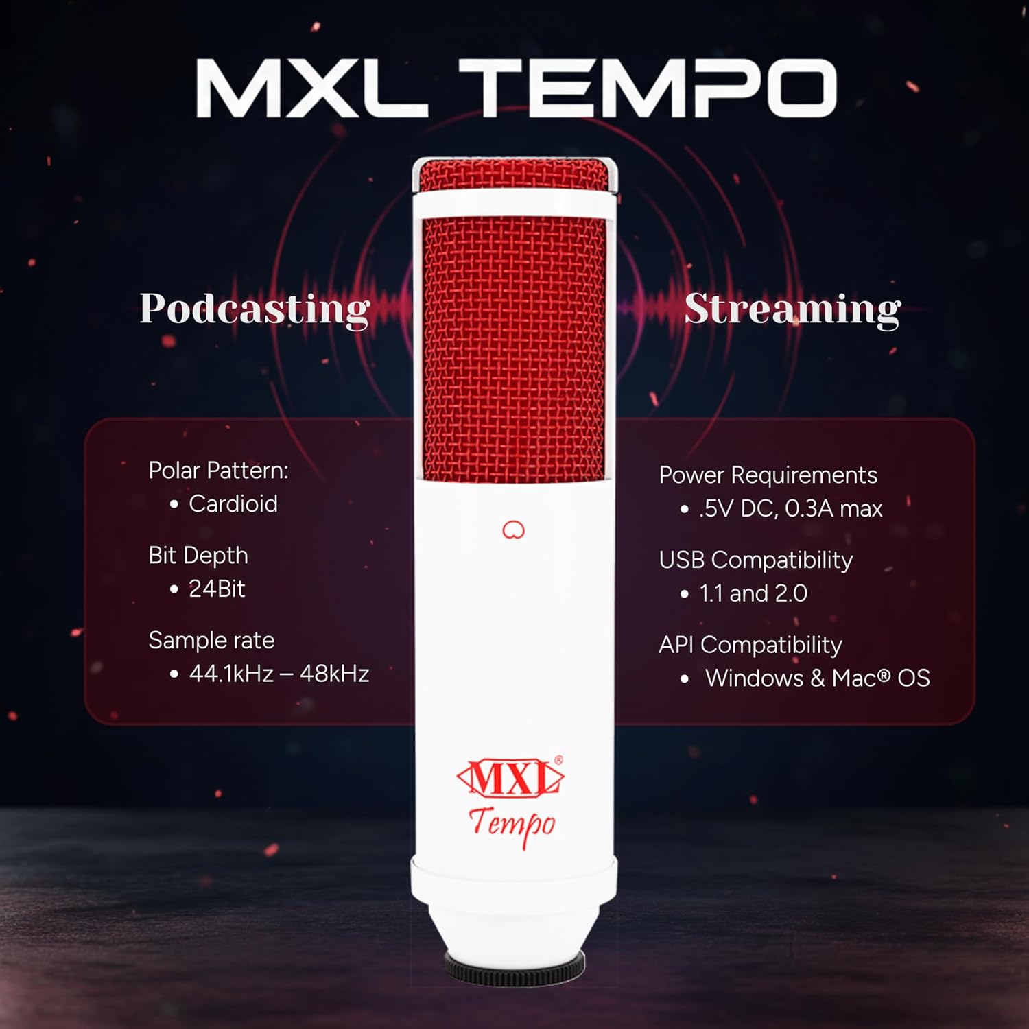 MXL Tempo-WR Mac and PC Compatible USB Powered Condensor Microphone - White/Red