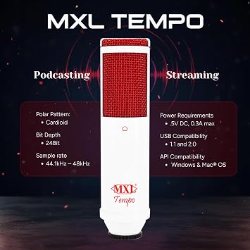 MXL Tempo-WR USB 2.0 Powered Condenser Microphone - White/Red