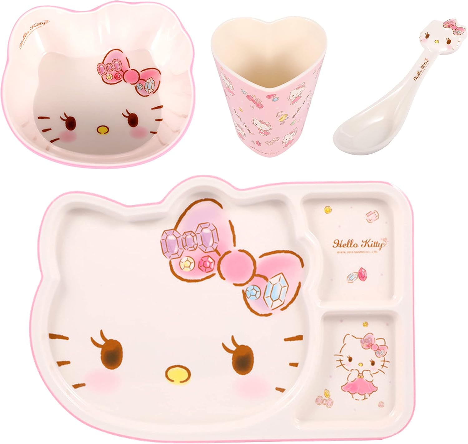 Hello Kitty Cute Deluxe Pink Dinnerware Flatware Meal Set – Plate Bowl Cup Spoon, 4 pieces