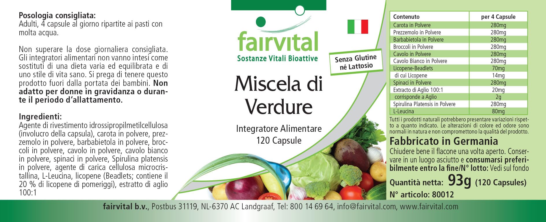 Fairvital | Verdure Pur - 1 mese - VEGAN - alto dosaggio - 120 capsule - 10 varietà di verdure