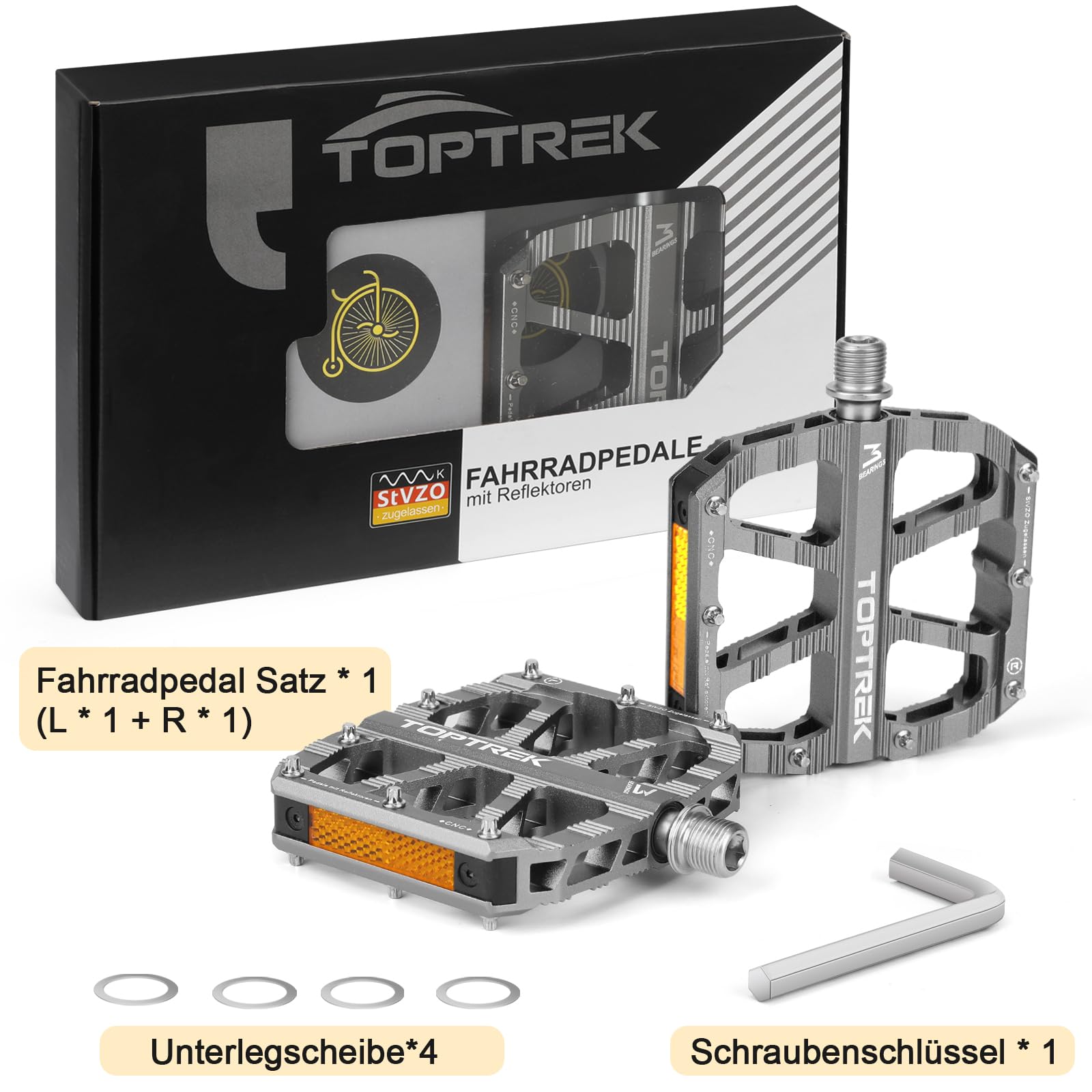 toptrek Pédales de vélo, avec réflecteurs homologués StVZO, en aluminium, CNC, antidérapantes, avec 3 roulements scellés, pour VTT, BMX, vélo électrique