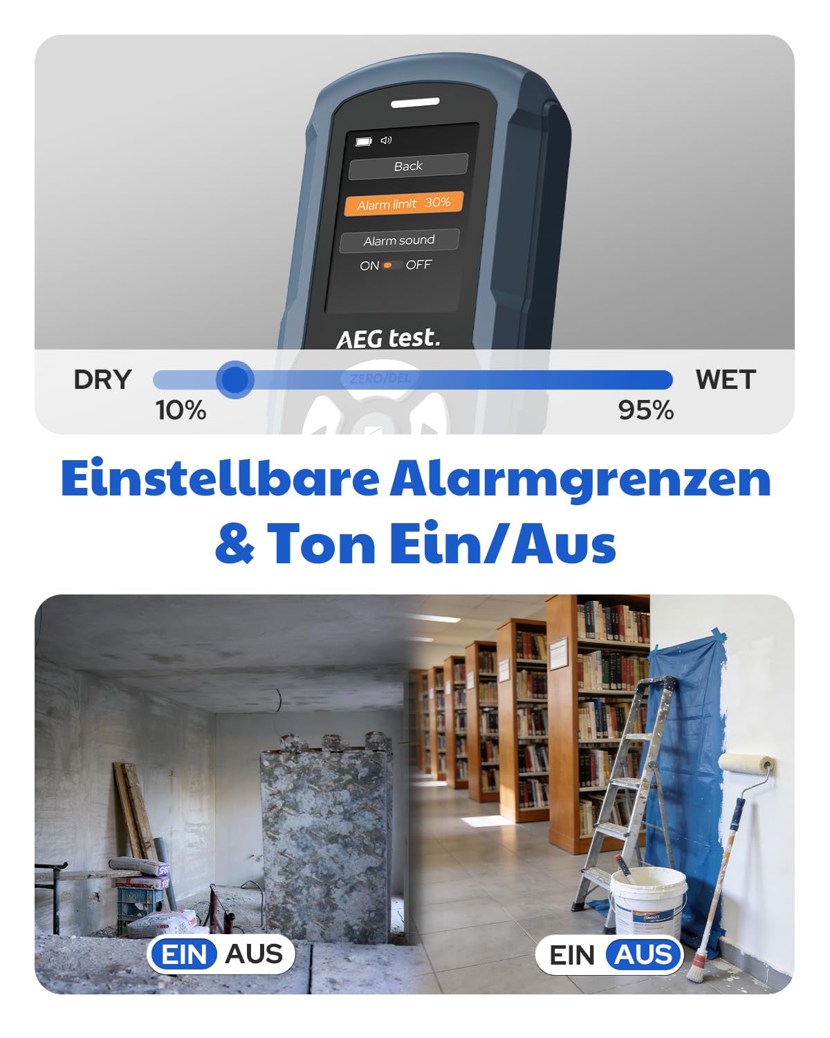 AWT-380 wiederaufladbares Feuchtigkeitsmessgerät Wand, Feuchtigkeitsmesser, Feuchtemessgerät Mauerwerk für Holz, Gipskarton & Ziegel, mit Farbdisplay, einstellbarem Alarm & Datenaufzeichnung