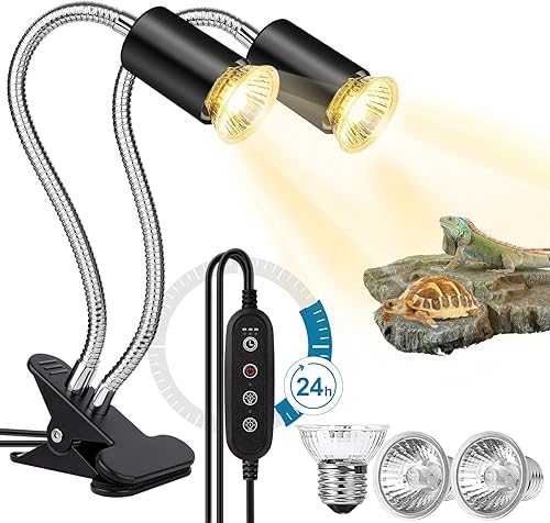 Lámpara de calor para reptiles, temporizador de luz de reptil de doble cabeza, luz de reptil UVA UVB con abrazadera para tortuga, leopardo gecko,