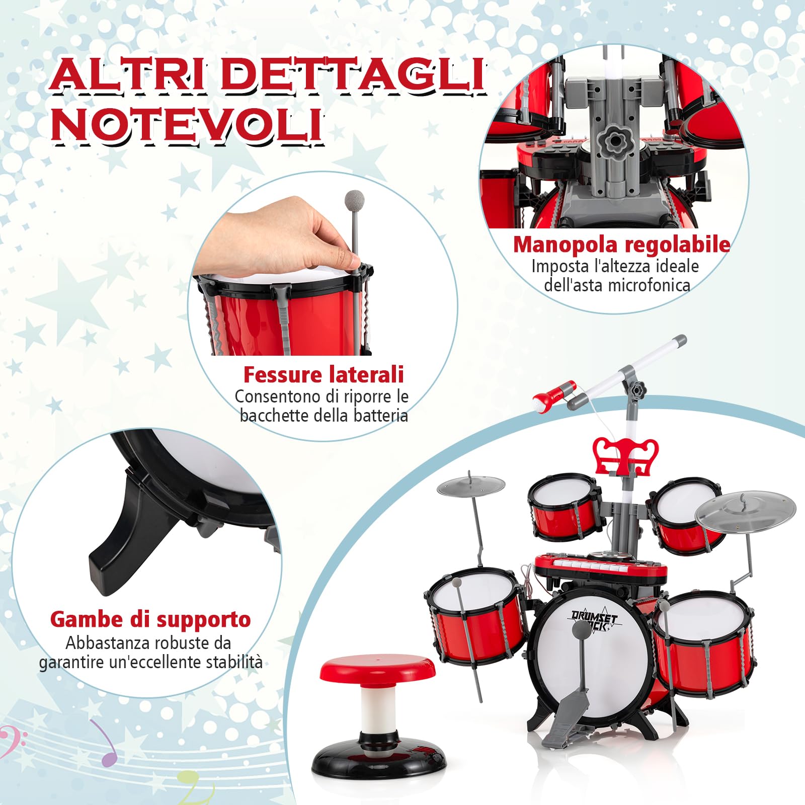 RELAX4LIFE Set di Batteria per Bambini, Giocattoli Musicali Elettronici con Tastiera e Microfono, Batteria Jazz con Sgabello per Bambini 3+ Anni, Rosso