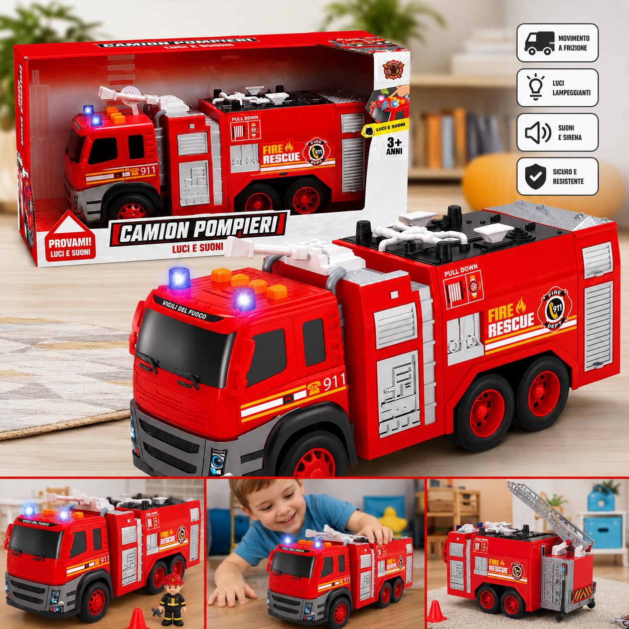 Camion Pompieri Luci e Suoni Camion Pompieri Giocattolo Grande per Bambini con Movimento a Frizione Luci Lampeggianti & Sirene Veicolo Giocattolo di Emergenza (A)