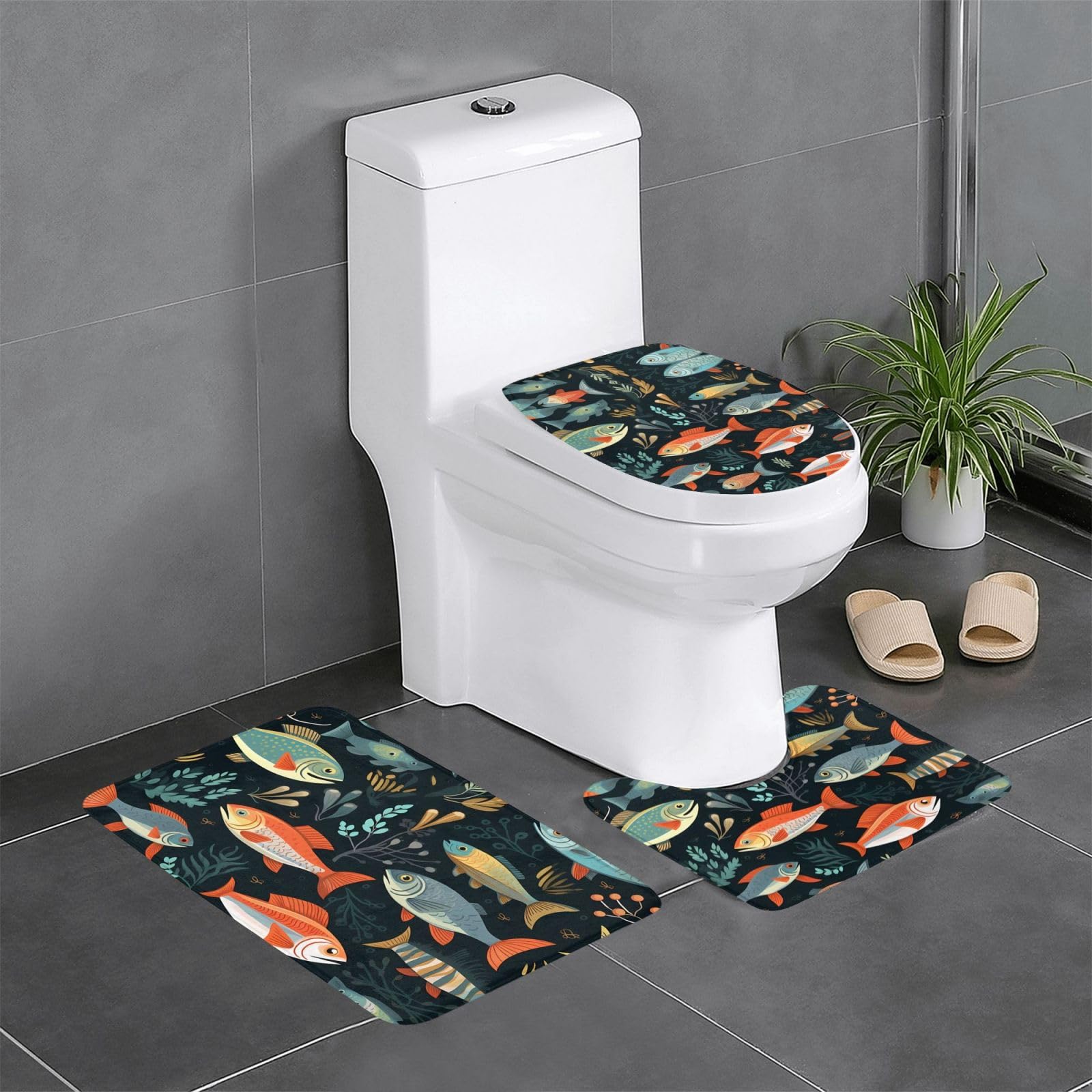 Tapis de salle de bain antidérapants lot de 3 avec motif poisson pour toilettes et coiffeuse