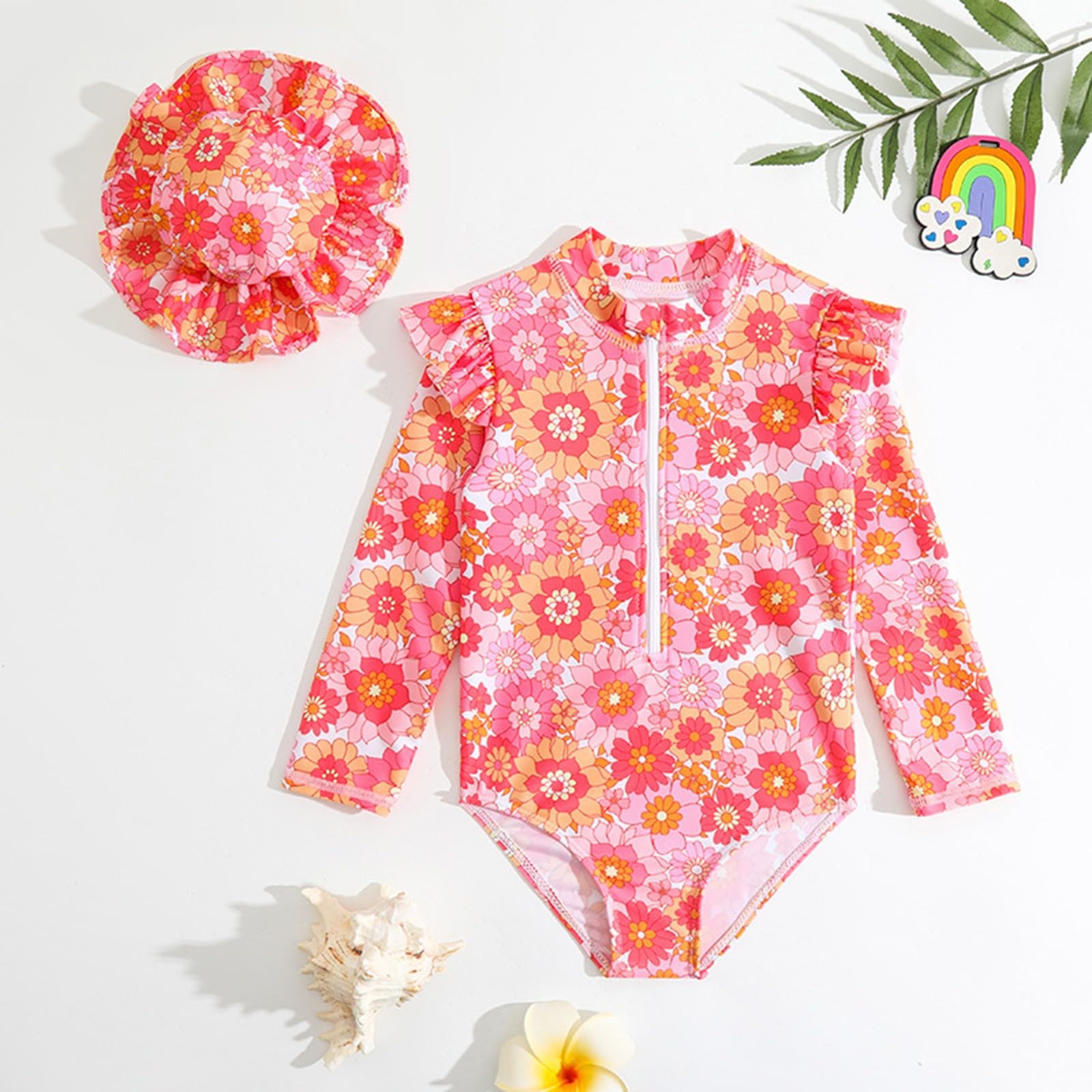 Generisch Bañador para niña, de manga larga, con estampado floral, traje de baño para playa, bikini con sombrero, 2 piezas
