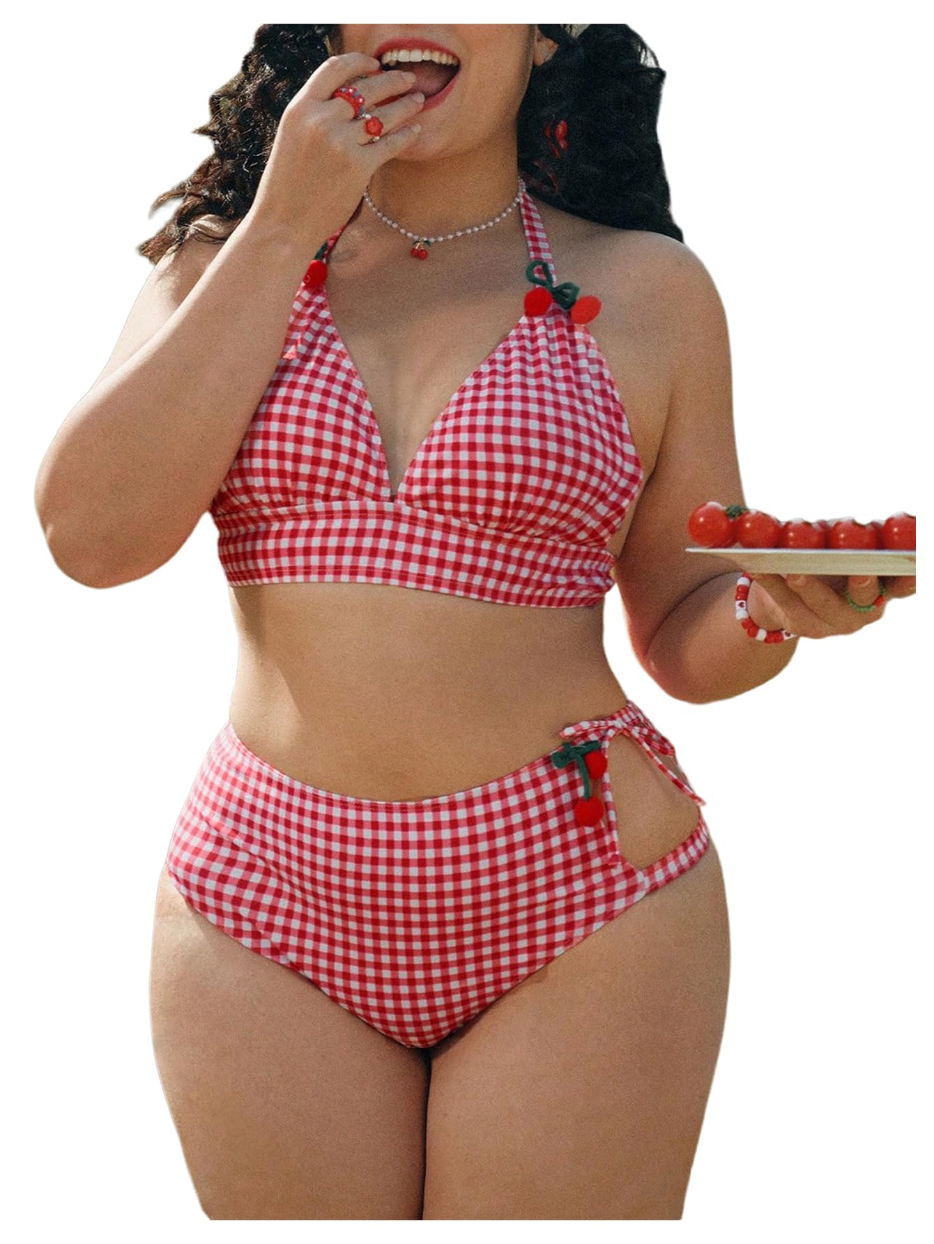 Photo 1 of GORGLITTER Women's Plus Size Bikini Sets Checkered Triangle Halter Tummy Control Swimsuit Cute Y2K 2 Piece Bathing Suit Red XX-Large Plus
