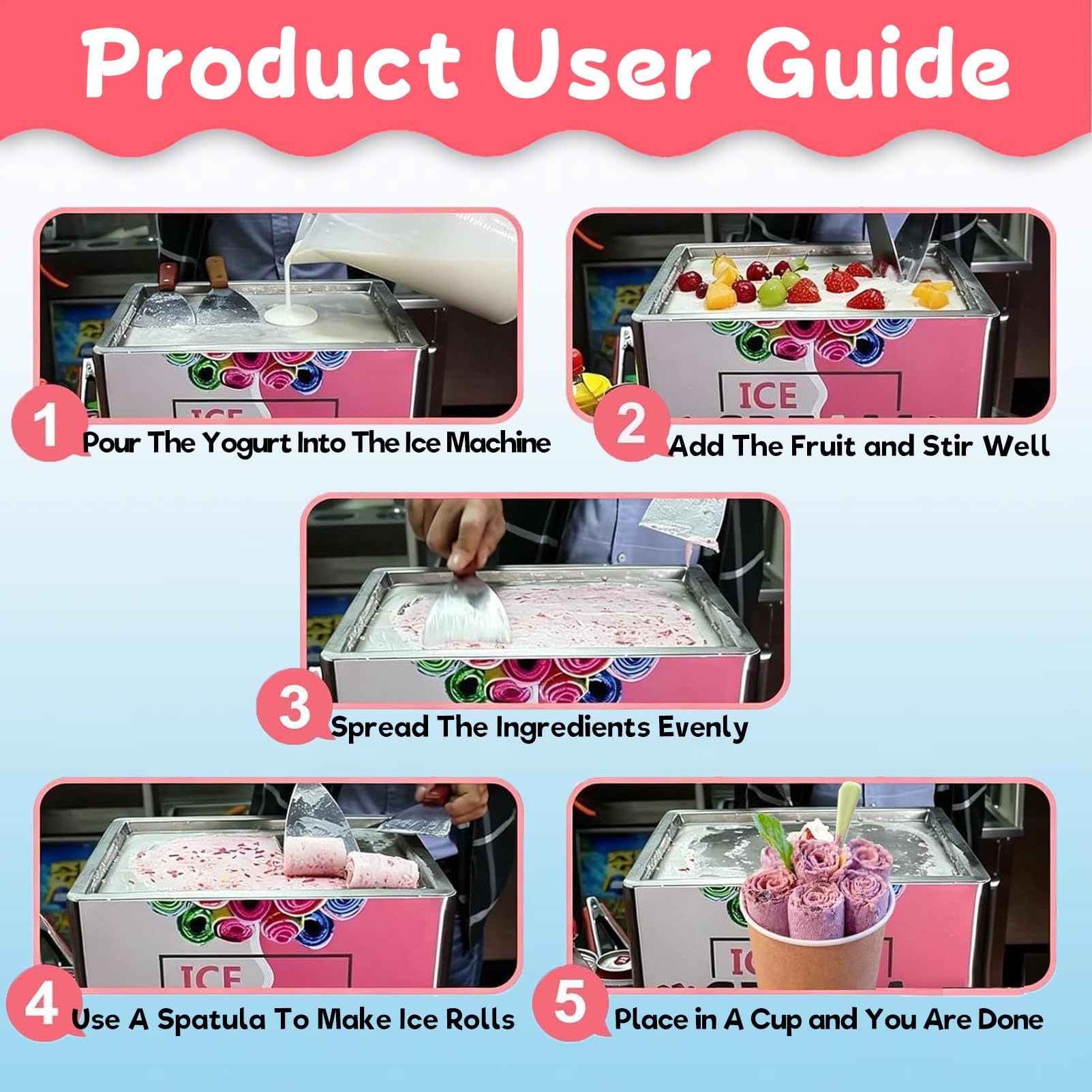 Máquina de acero inoxidable para hacer helado enrollado en casa; el kit incluye 3 espátulas. Una divertida actividad familiar para preparar al instante helado enrollado, sorbete, yogur o gelato.
