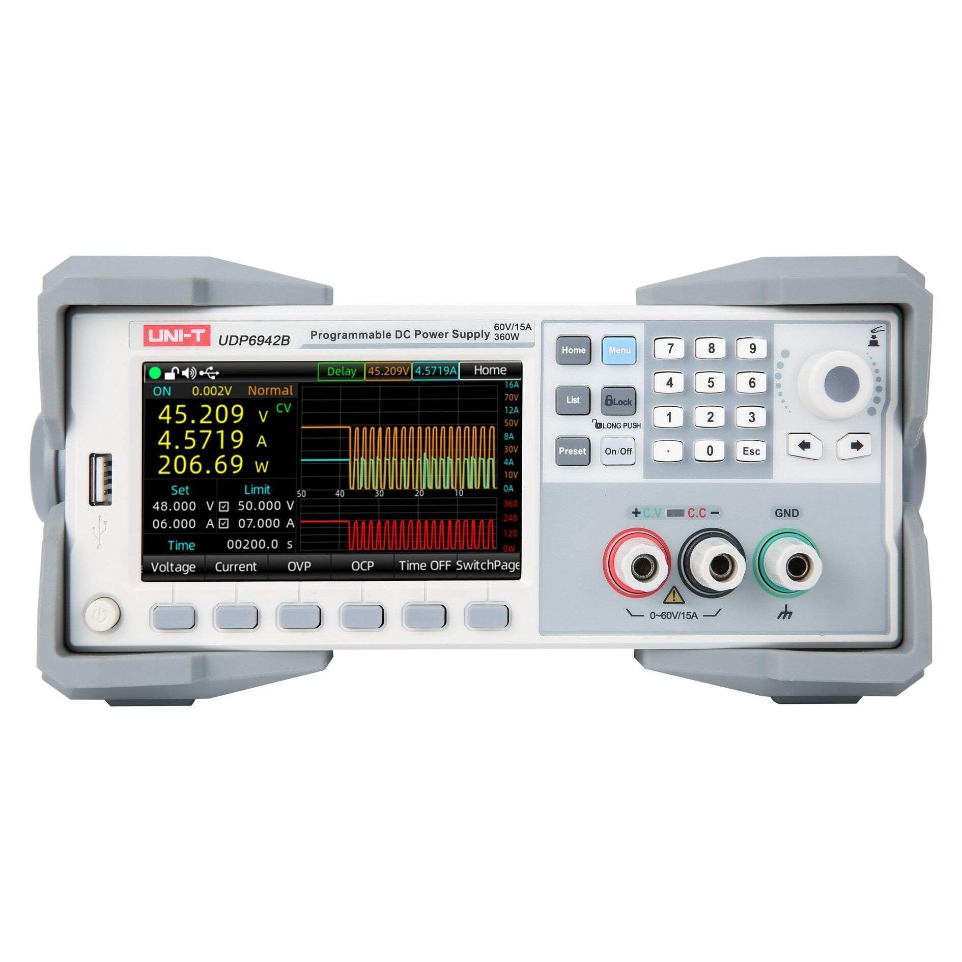 UNI-T UDP6942B Schaltnetzteil | 0–60 V, 0–15 A, 360 W, 1 Kanal, 0,1 mV/0,1 mA Auflösung, ≤0,03%+5 mV Spannungsgenauigkeit, ≤0,1%+15 mA Stromgenauigkeit, RS232/RS485/USB-Gerät/LAN-Schnittstelle