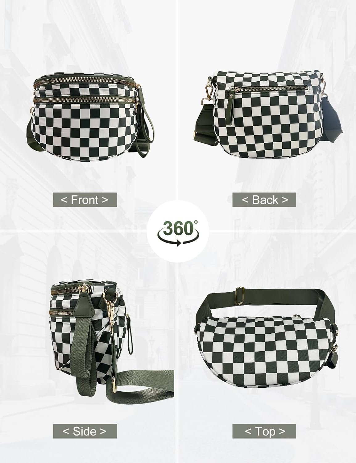 Checkered Nylon Crossbody Bag for Women, Spacious Checkered Bum Bag Purse Shoulder Bag Sling Bag with Shoulder Strap - Image 6