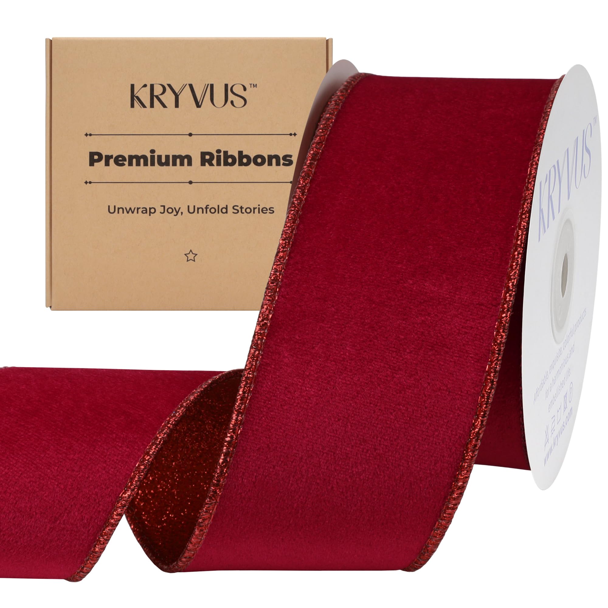 Kryvus Red Glitter Velvet Ribbon, 64MM X 9M Christmas Ribbon with Wired Edge, Perfect for Gift Wrapping Bow Making