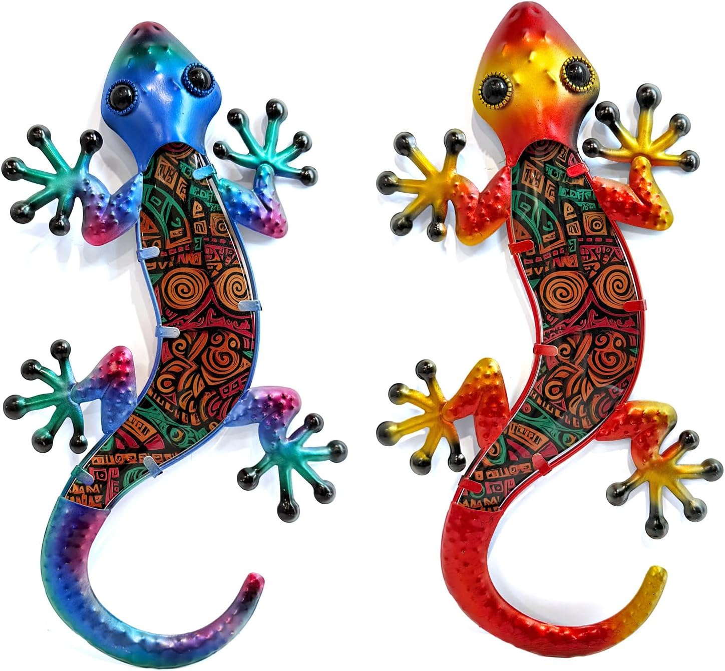 HONGLAND Lizard Wall Decor- 15 Inch Gecko Metal Wall Art Hanging Glass Sculpture, 2 Pack Yard Decorations Outdoor for Garden Fence Home