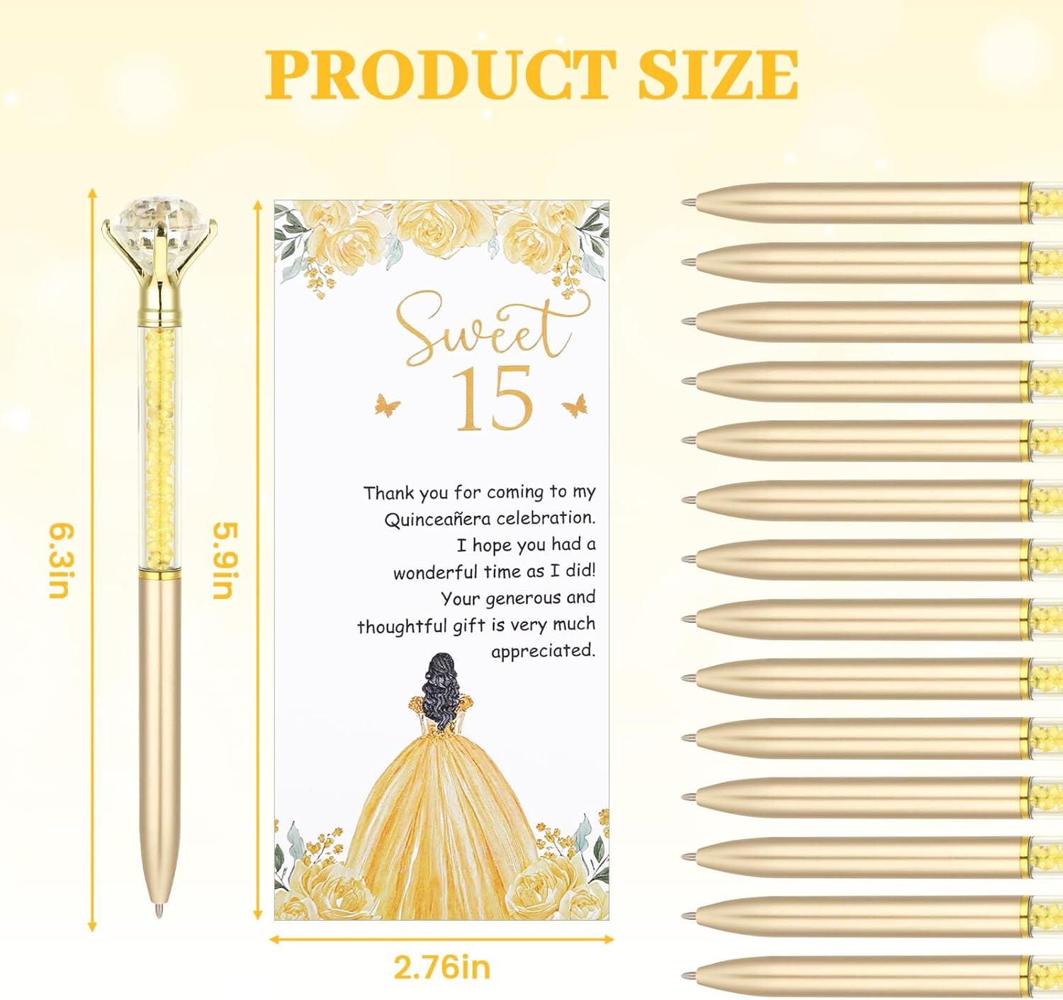 50 Sets Quinceanera Gifts Quinceanera Party Favors for Guests Sweet 15th Birthday Diamond Pens Thank You Cards Sparkling Ballpoint Pens Quinceañera 15 Birthday Quince Gifts Party Favors (Yellow)