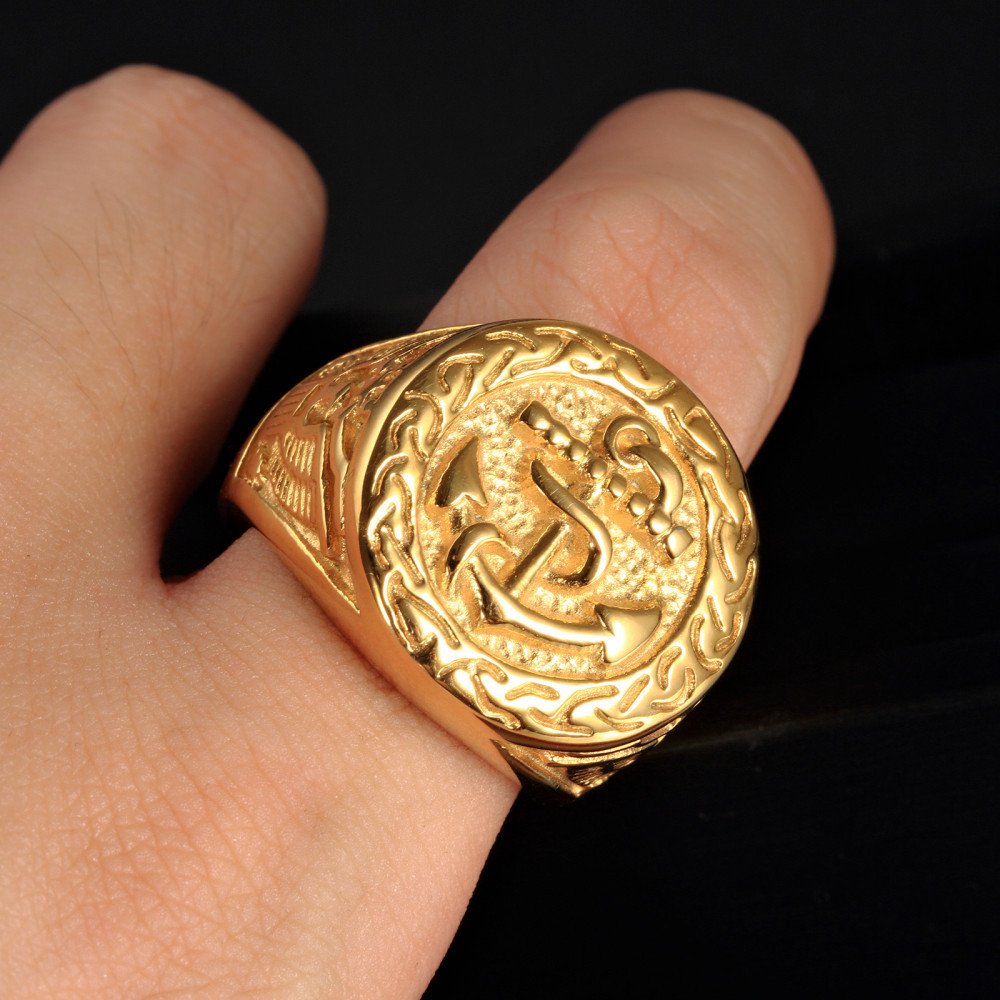 MęSki Sygnet Z Kotwicą, Gotycki Vintage żEglarski Orzeł Ze Stali Nierdzewnej,Gold,11