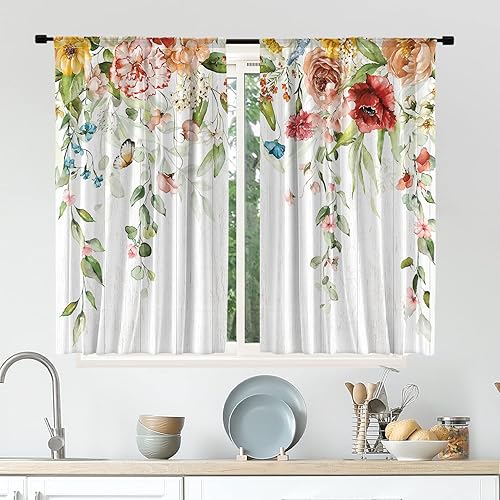 Miniatura 2 de Cinbloo Cortinas de cocina florales de acuarela de 27.5 pulgadas de ancho x 39 pulgadas de alto, bolsillo para barra, cortinas de café de flores