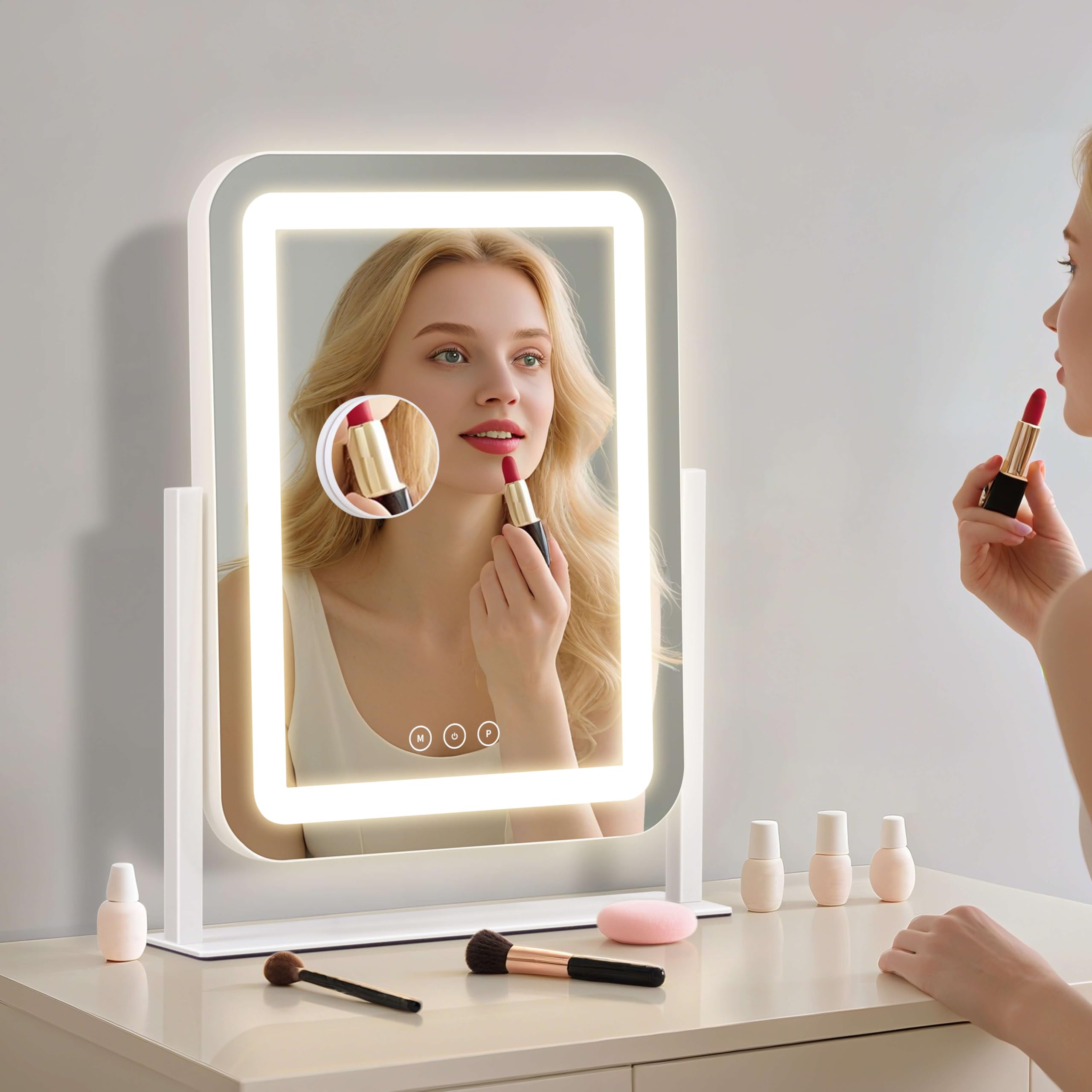 Miroir de courtoisie avec lumières, miroir de maquillage LED de 33 x 42 cm, miroir de maquillage éclairé avec lumières, contrôle tactile intelligent à intensité variable, 3 modes, miroir éclairé pour