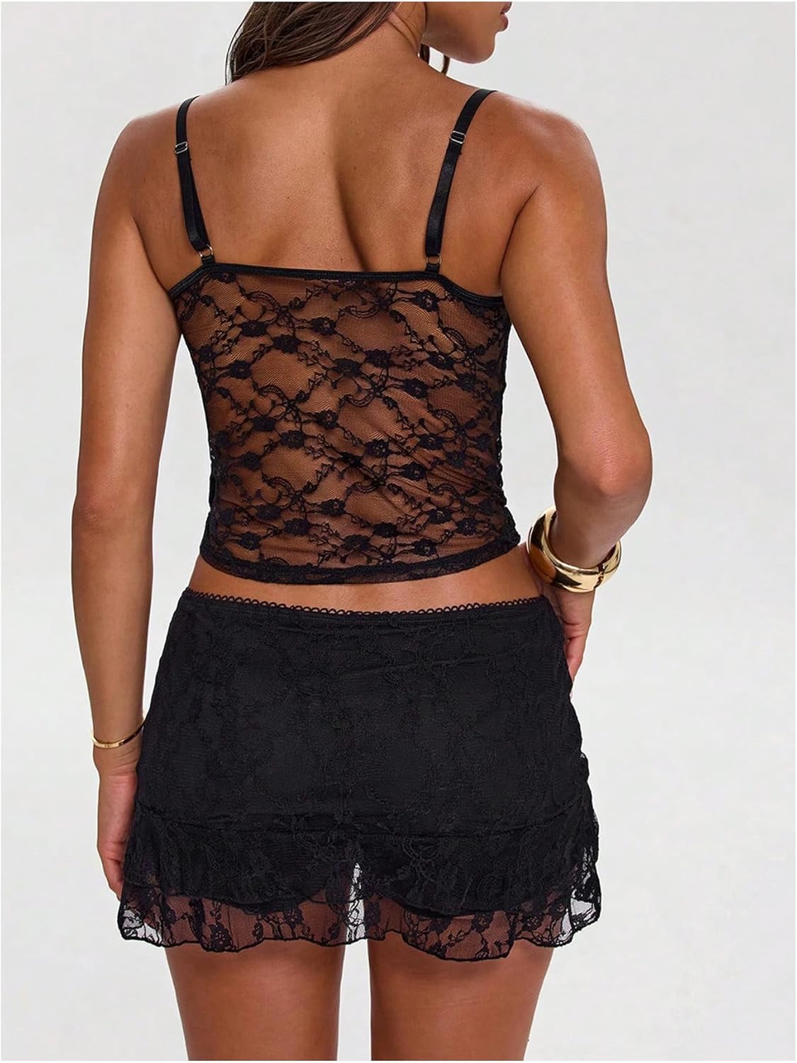 GORGLITTER Women's Y2k Lace Mini Skirt Mesh Sheer Ruffle Hem Tiered Low Rise Shorts Pencil Skirts - Image 2