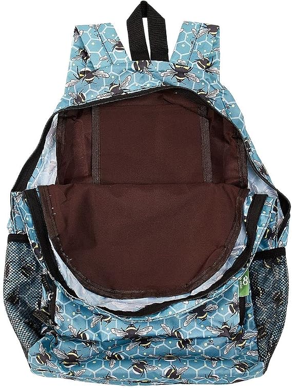 Eco Chic Lightweight Foldable Water Resistant Backpack Rucksack Folds into Pouch for Storage (Bumble Bees Blue)
