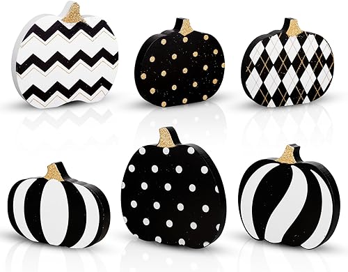 Treory Decoraciones de mesa de Acción de Gracias decoración de bandeja escalonada de 6 quilates con calabaza blanca y negra, calabazas de otoño con