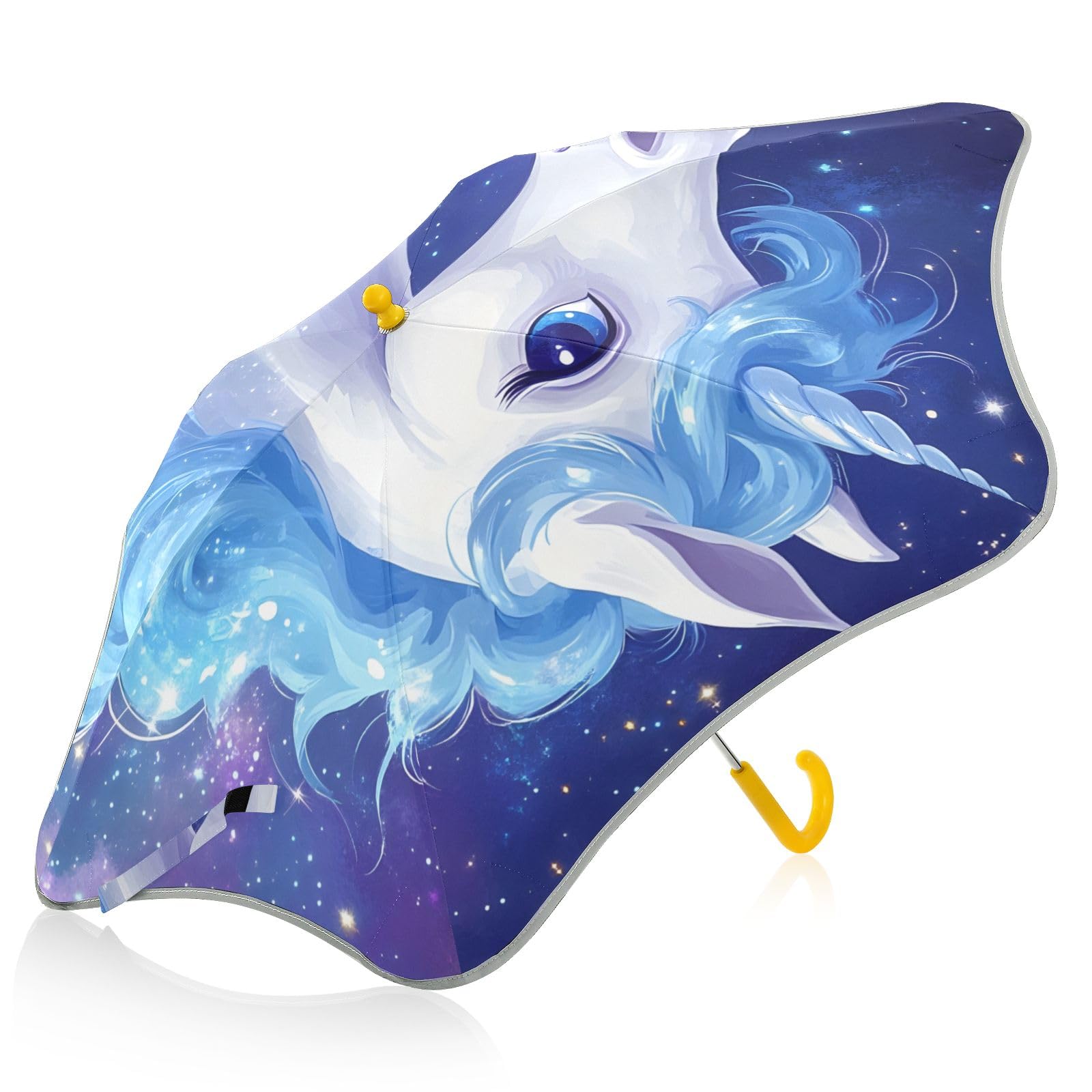PIMILAGU Blue Unicorn Starry Sky Kids Umbrella for Girls Boys Windproof Anti-UV Folding Stick Umbrellas with Reflective strip & Rounded Corner