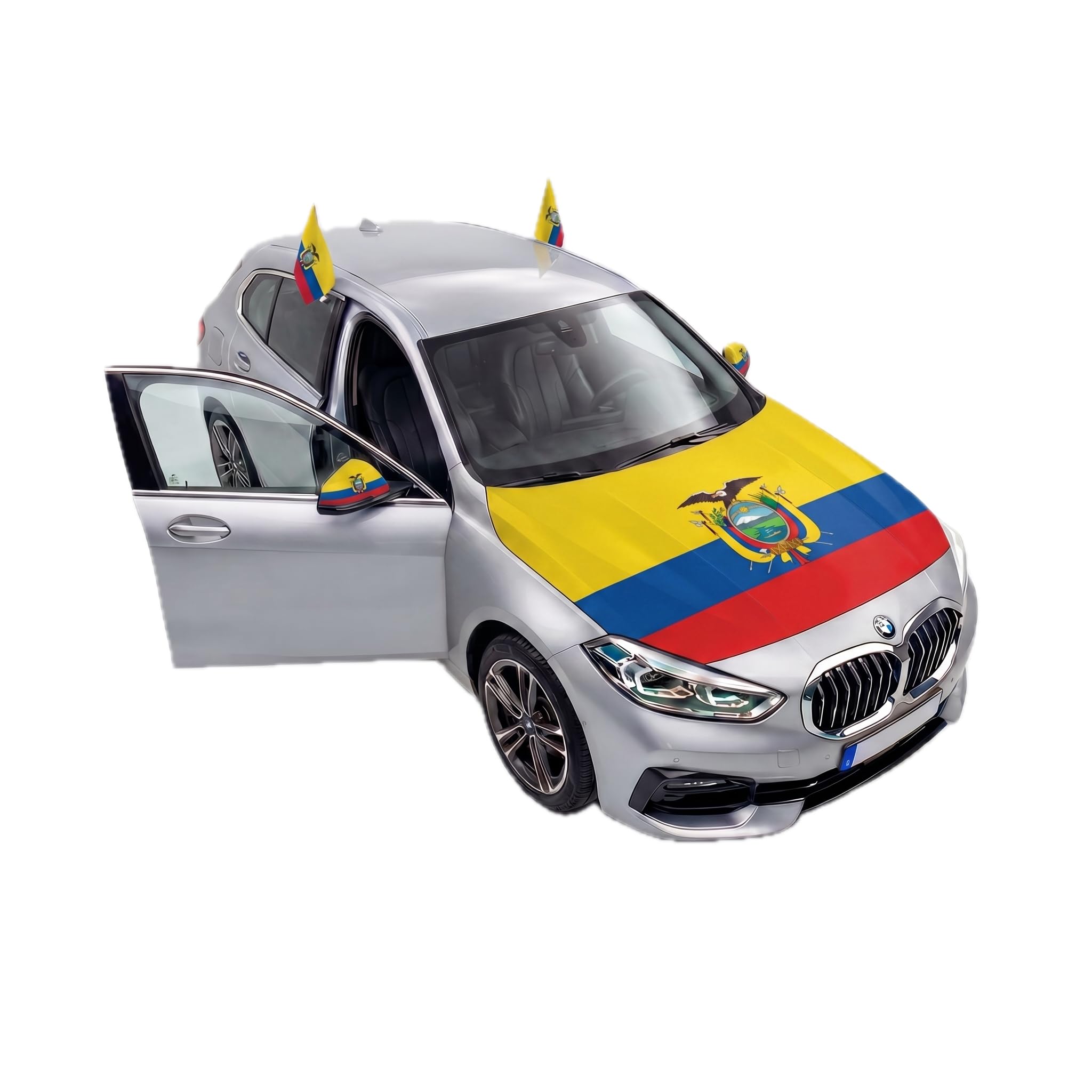 Auto Fahnen Ecuador Komplett Set - Motorhaubenfahne, 2 Autofahnen Fenster & 2 Außenspiegelfahnen, Fußball Fanartikel FZG für EM & WM, Ecuadorianische Flagge Fahrzeug Deko