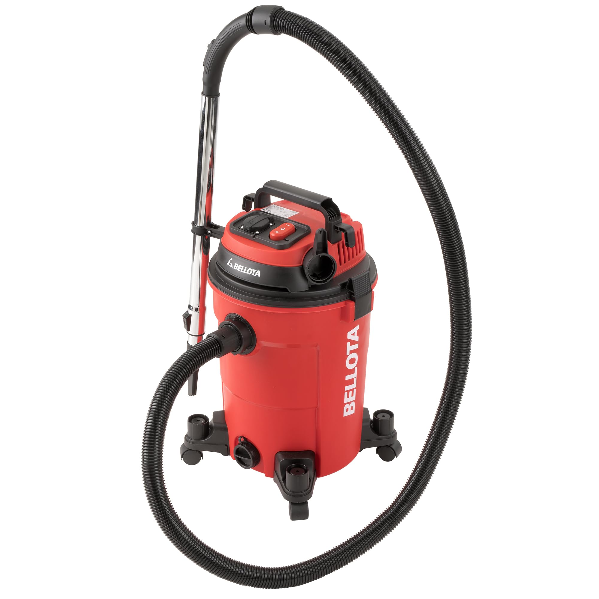 Bellota ASL2500SE - Aspirador con cable para aspirar restos líquidos y sólidos sincronizado, 25L, 2KW, Manguera (32mm Ø) de 2 metros, Tubo extensible metálico (440mm), enchufe sincronizado, con ruedas