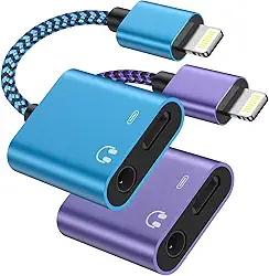 Pacote com 2 adaptadores de fone de ouvido para iPhone, [certificado Apple MFi] Lightning 2 em 1 para áudio auxiliar de fone de ouvido de 3,5 mm + divisor de carregador, dongle adaptador auxiliar para