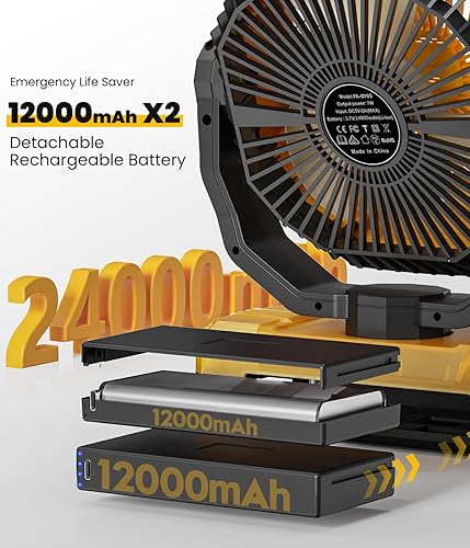 Miniatura 2 de Ventilador de campamento con batería desmontable de 24000 mAh, 3 en 1, ventiladores de camping portátiles con LED y control remoto, 4 velocidades,