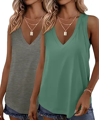 KKJ 2 Pack Womens Tank Tops Workout V Neck Tees Summer Sleeveless Loose Fit Casual Outfits Shirts Fall Fashion Clothes