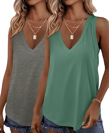 KKJ 2 Pack Womens Tank Tops Workout V Neck Tees Summer Sleeveless Loose Fit Casual Outfits Shirts Fall Fashion Clothes