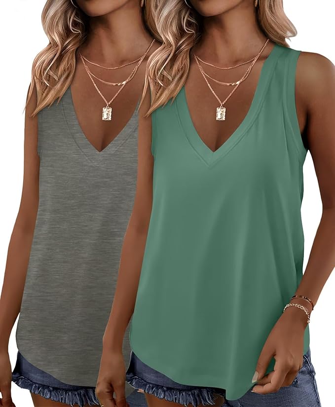 KKJ 2 Pack Womens Tank Tops Workout V Neck Tees Summer Sleeveless Loose Fit Casual Outfits Shirts Fall Fashion Clothes