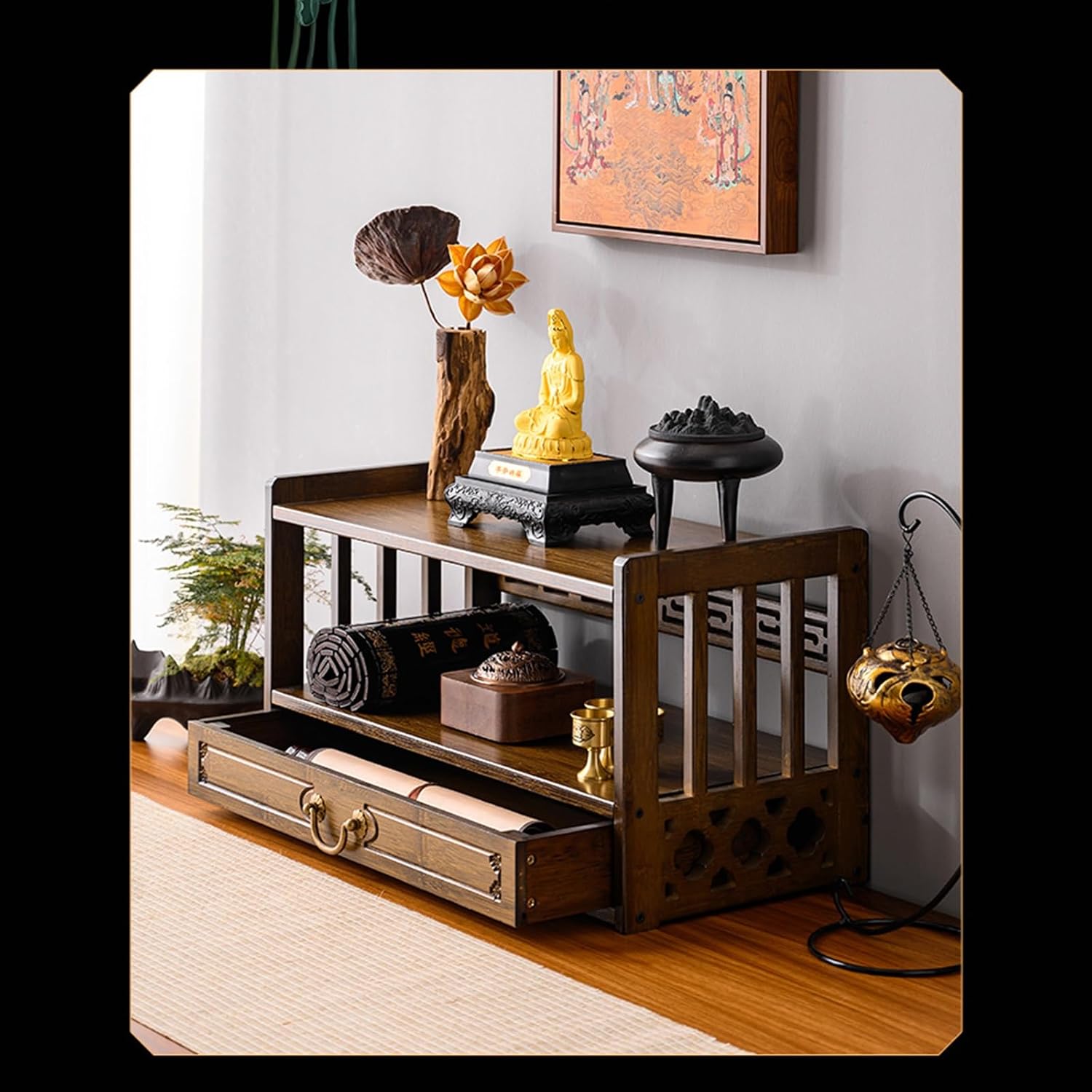 Temple Buddha Shrine Carving Buddhist Altar Personal Shrine Meditation Table with Drawer for Home Decor Offering Rack(Brown,20.47x9.84x11.02in)