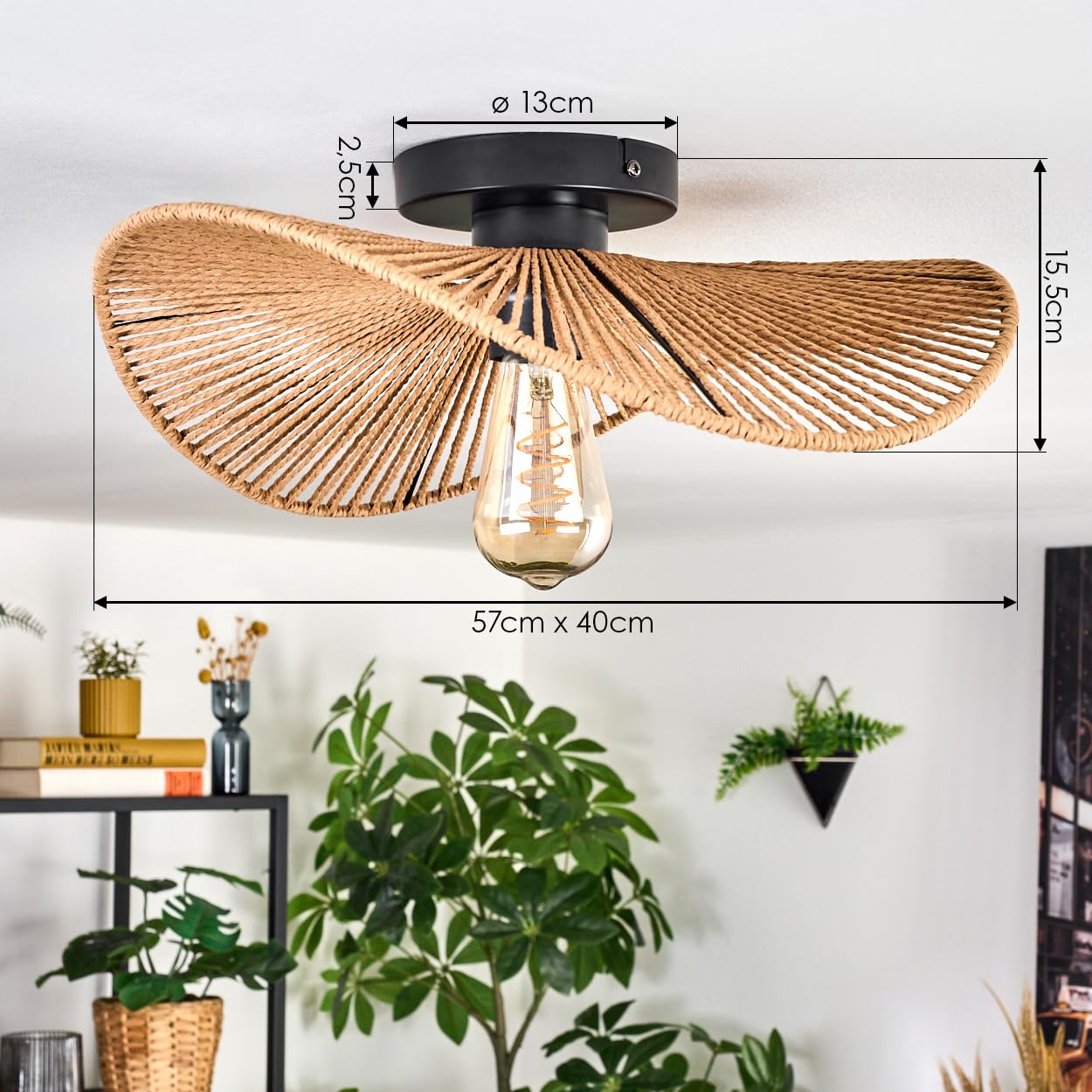 HOFSTEIN Elsa lampa sufitowa, lampa sufitowa wykonana z metalowej/papierowej siatki w kolorach czarnym/naturalnym, stylu boho z efektem świetlnym na suficie, E27, jadalnia, salon, sypialnia