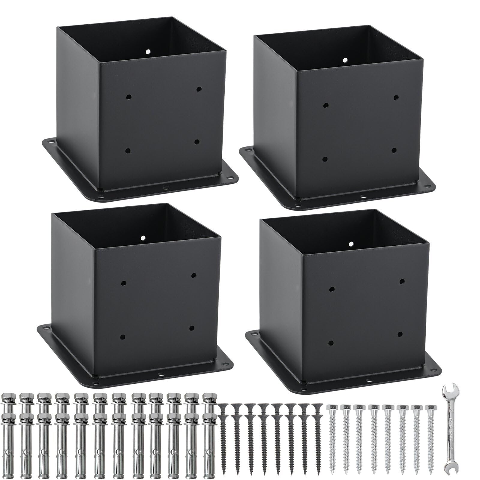 Base de poste de 6 x 6, 4 juegos de anclajes para postes, (tamaño interior de 5.6 x 5.6), soporte de base de poste de cubierta de metal negro con recubrimiento en polvo para valla al aire libre