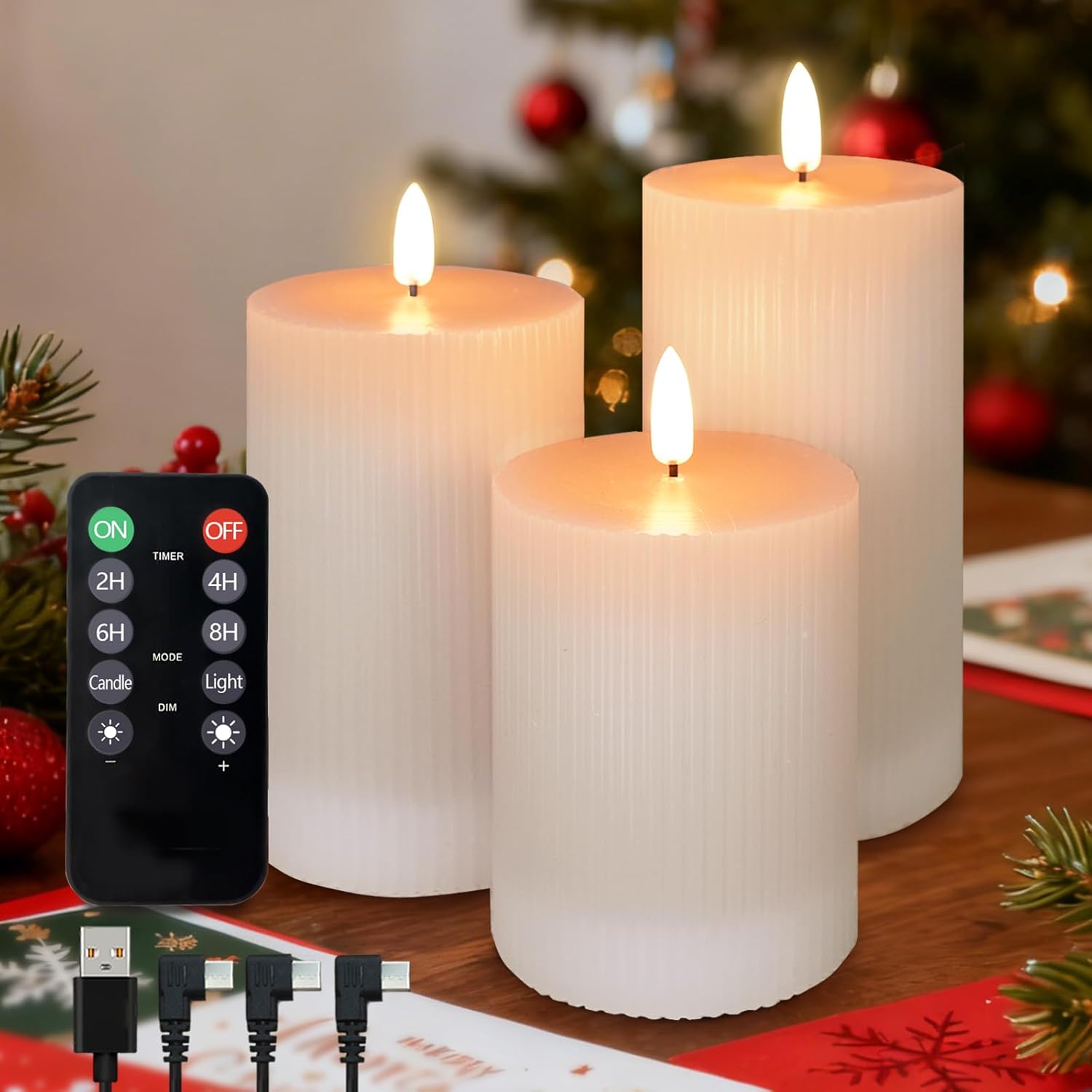 Rechargeable Flameless LED Pillar Candles–Luminous Real Wax Indoor Home Decor–Set of 3, Realistic Flickering LED Flame,Remote & Timer(Light Khaki)