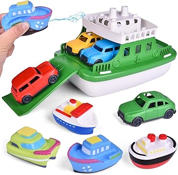 Ferry Boat Bath Toy with Mini Cars, Floating Water Play Set with Boat Squirters for Toddlers 13 & Kids Ages 48