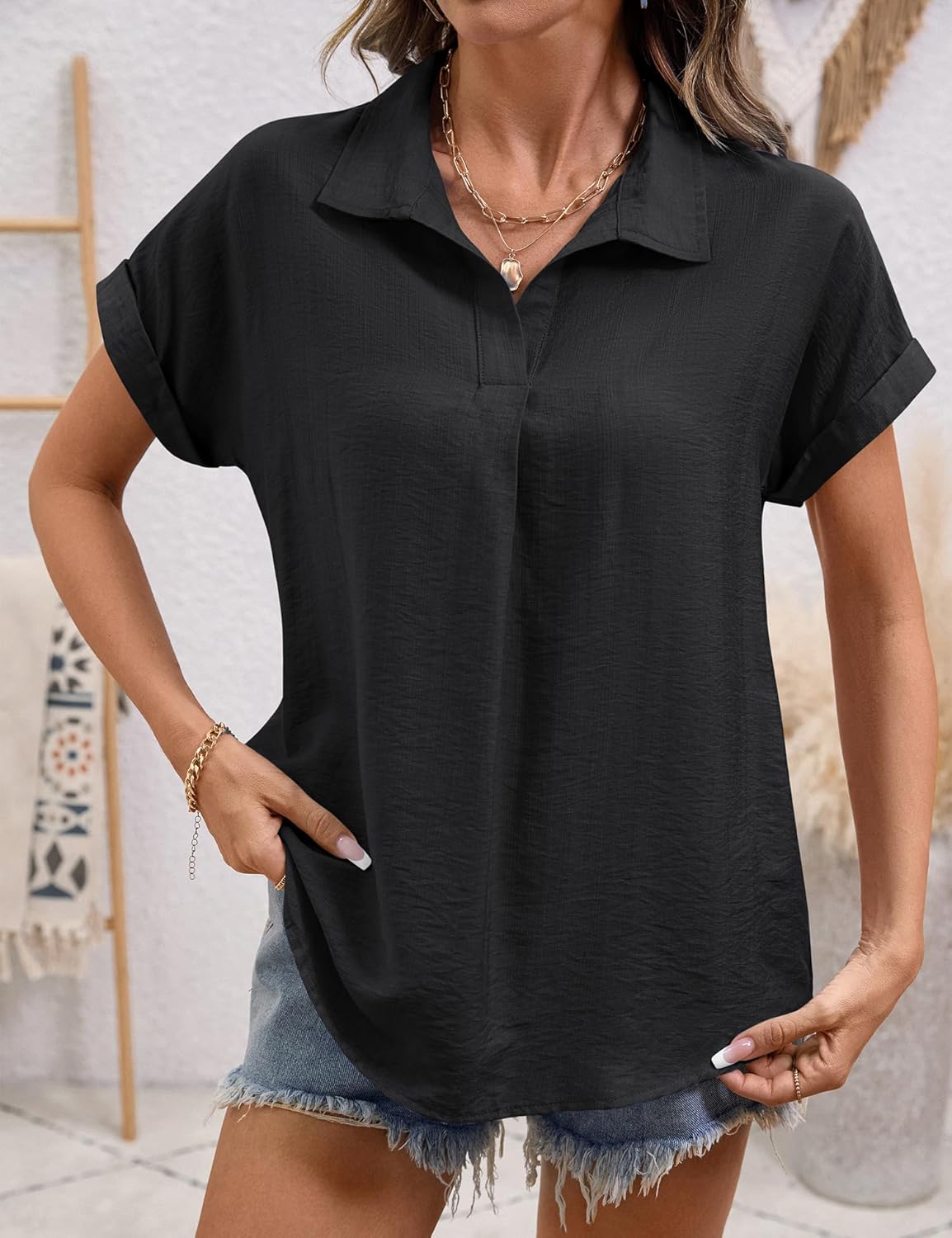 LOMON Women Blouses Spring Summer Tops for Women 2026 Short Sleeve V Neck Dressy Casual Collared Shirts Work Office - Image 5